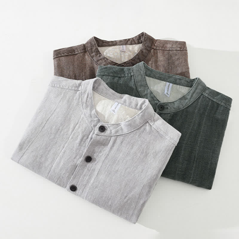 Buddha Stones 秋冬 無地 長袖 ボタンデザイン メンズ ラミー リネン コットン シャツ ポケット付き - image 19