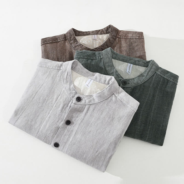 Buddha Stones 秋冬 無地 長袖 ボタンデザイン メンズ ラミー リネン コットン シャツ ポケット付き - image 19