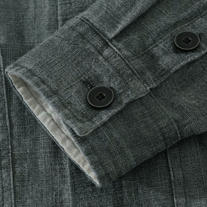 Buddha Stones 秋冬 無地 長袖 ボタンデザイン メンズ ラミー リネン コットン シャツ ポケット付き - image 4