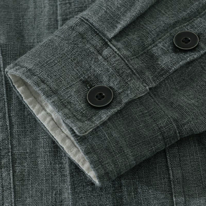 Buddha Stones 秋冬 無地 長袖 ボタンデザイン メンズ ラミー リネン コットン シャツ ポケット付き - image 4