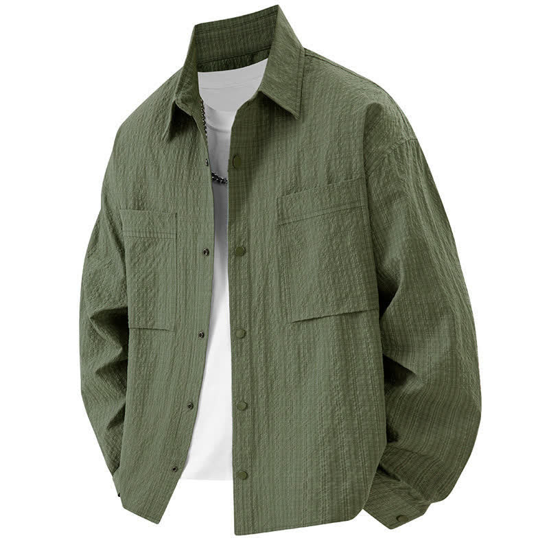 Buddha Stones 春の無地テクスチャー長袖ボタンメンズラペルシャツポケット付き - オリーブドラブ - US/UK/AU46、 EU56 (3XL) - image 10