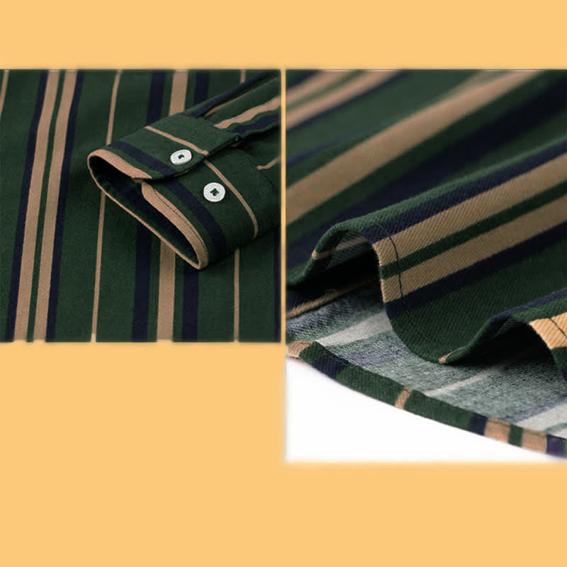 Buddha Stones レトロなカラーブロックストライプの長袖ボタンメンズコットンシャツ（ポケット付き） - image 10