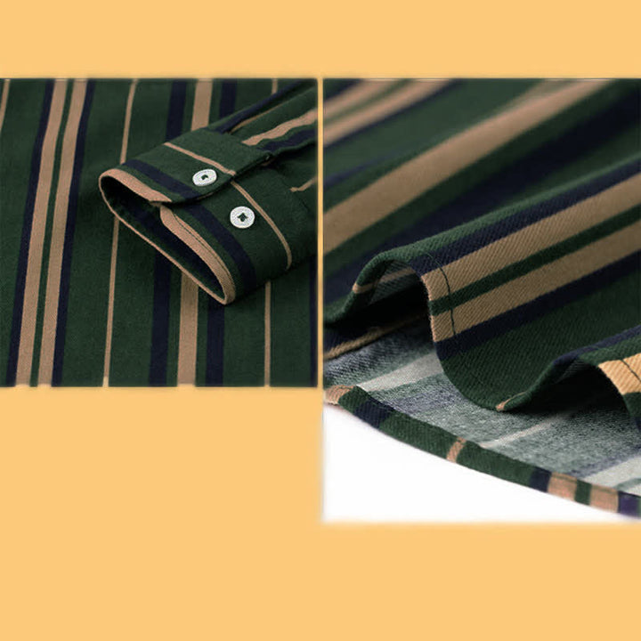 Buddha Stones レトロなカラーブロックストライプの長袖ボタンメンズコットンシャツ（ポケット付き） - image 10