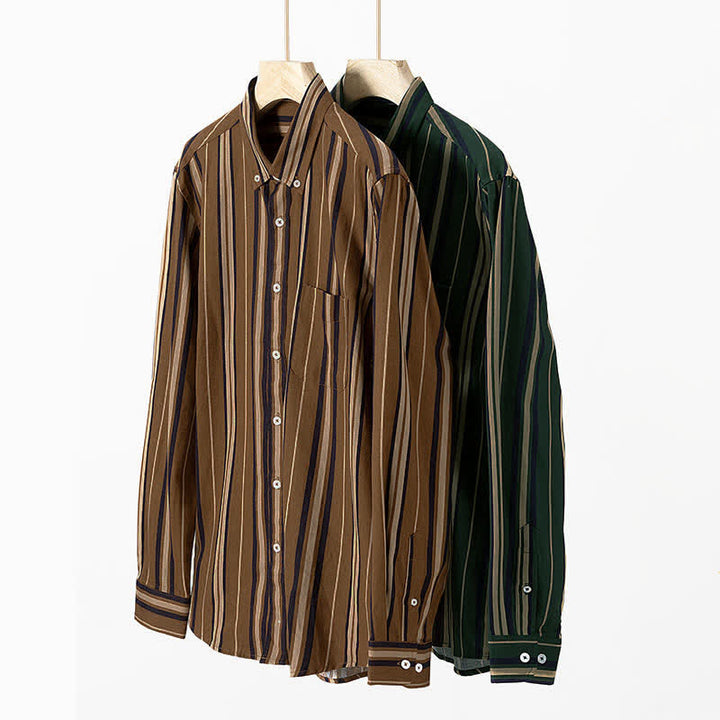Buddha Stones レトロなカラーブロックストライプの長袖ボタンメンズコットンシャツ（ポケット付き） - image 11
