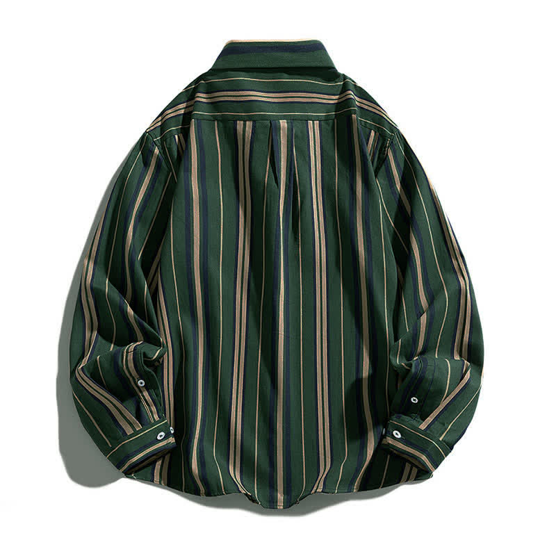 Buddha Stones レトロなカラーブロックストライプの長袖ボタンメンズコットンシャツ（ポケット付き） - image 5