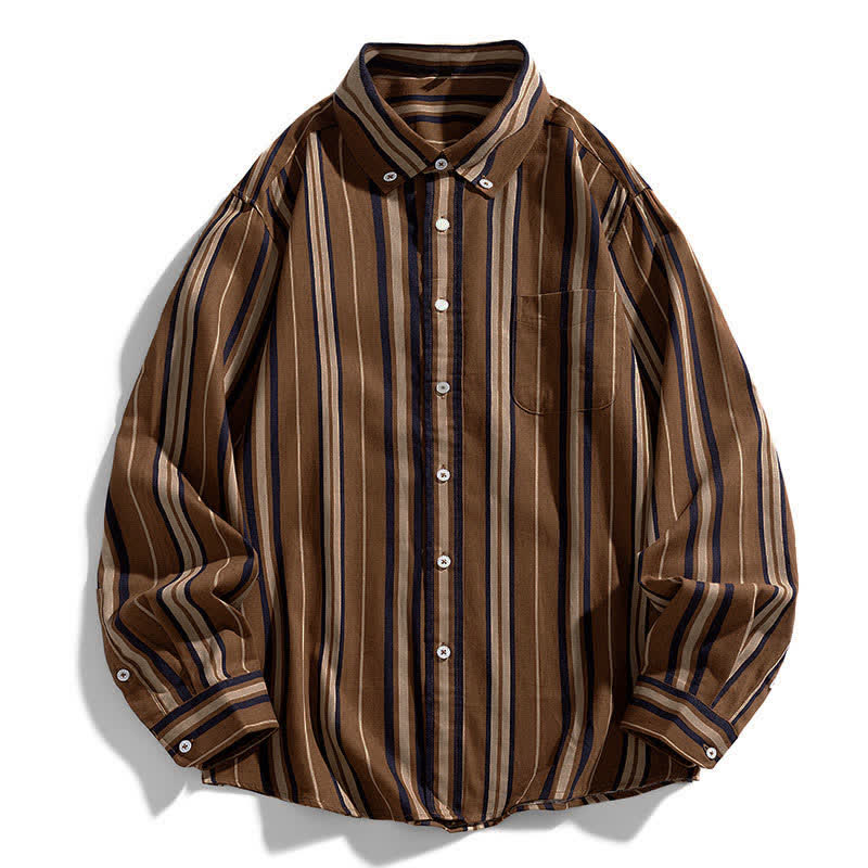 Buddha Stones レトロなカラーブロックストライプの長袖ボタンメンズコットンシャツ（ポケット付き） - サドルブラウン - US/UK/AU44、 EU54 (4XL) - image 0