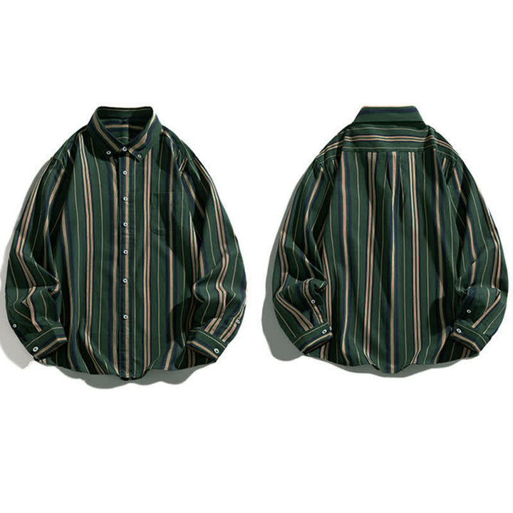 Buddha Stones レトロなカラーブロックストライプの長袖ボタンメンズコットンシャツ（ポケット付き） - image 3