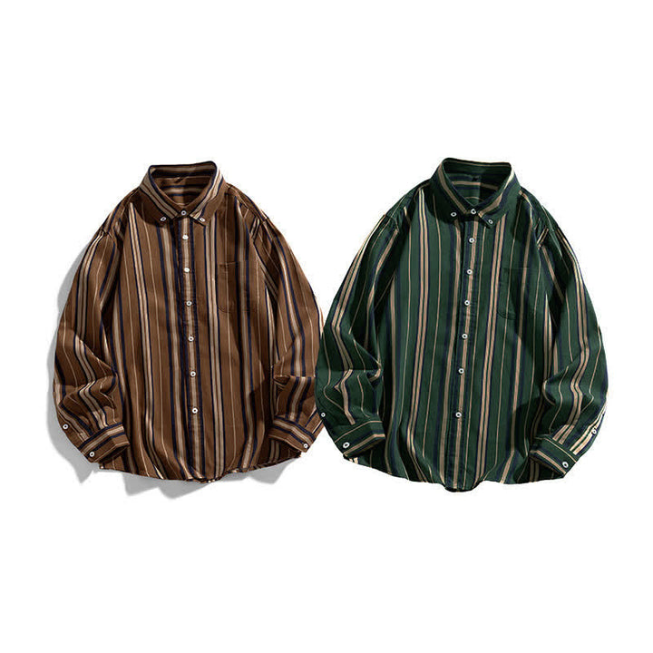 Buddha Stones レトロなカラーブロックストライプの長袖ボタンメンズコットンシャツ（ポケット付き） - image 12