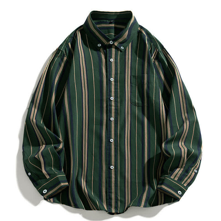 Buddha Stones レトロなカラーブロックストライプの長袖ボタンメンズコットンシャツ（ポケット付き） - ダークグリーン - US/UK/AU44、 EU54 (4XL) - image 4