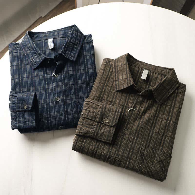 Buddha Stones 秋の通勤用刺繍チェック柄メンズコットン長袖シャツ（ポケット付き） - image 19