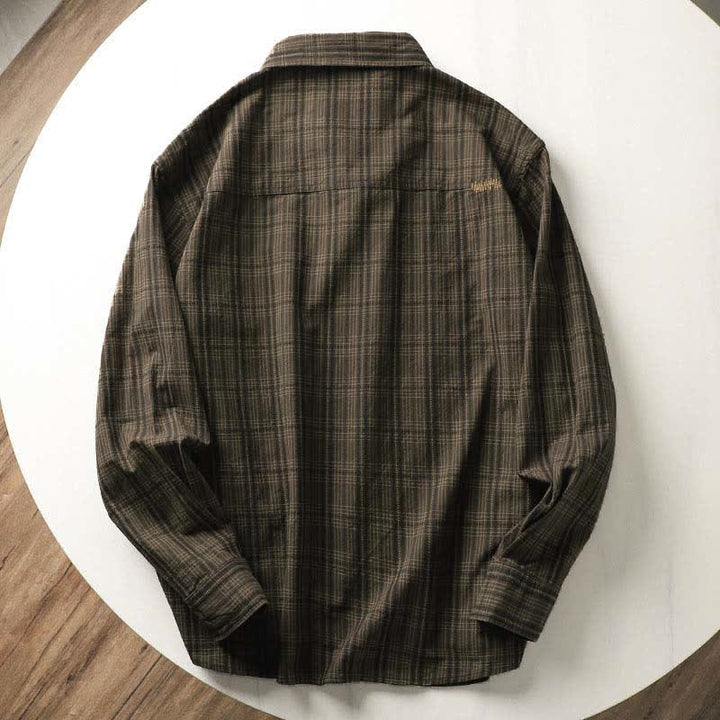 Buddha Stones 秋の通勤用刺繍チェック柄メンズコットン長袖シャツ（ポケット付き） - image 3