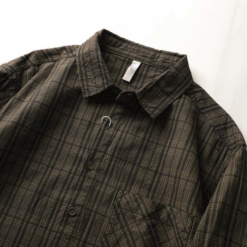 Buddha Stones 秋の通勤用刺繍チェック柄メンズコットン長袖シャツ（ポケット付き） - image 4