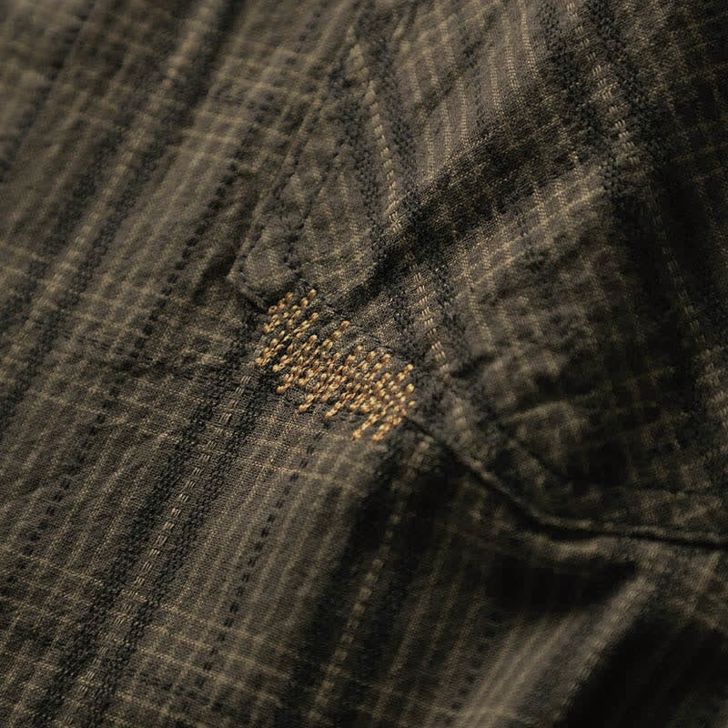 Buddha Stones 秋の通勤用刺繍チェック柄メンズコットン長袖シャツ（ポケット付き） - image 14