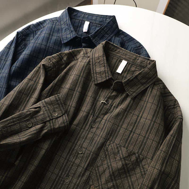Buddha Stones 秋の通勤用刺繍チェック柄メンズコットン長袖シャツ（ポケット付き） - image 18