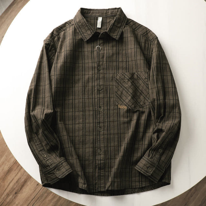 Buddha Stones 秋の通勤用刺繍チェック柄メンズコットン長袖シャツ（ポケット付き） - ダークオリーブグリーン - US/UK/AU42、 EU52 (3XL) - image 2