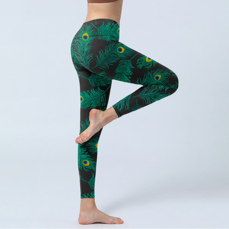 Buddha Stones レトロな孔雀の羽根柄プリントのジムレギンス レディース ヨガパンツ - image 3