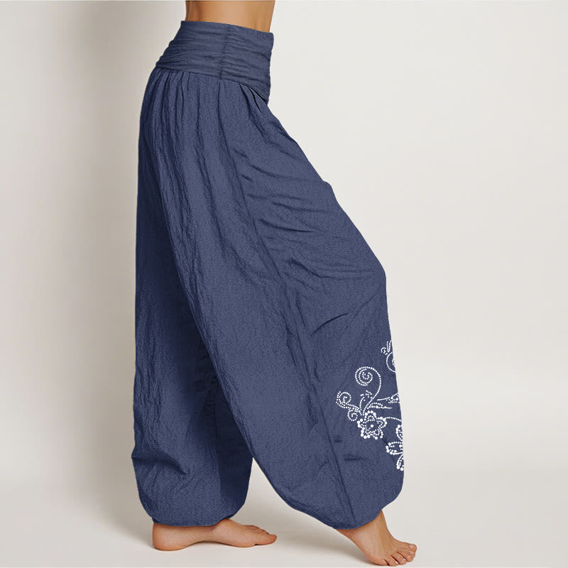 Buddha Stones ドット柄のつる花柄の純綿レディース伸縮性ウエストハーレムパンツ - image 2
