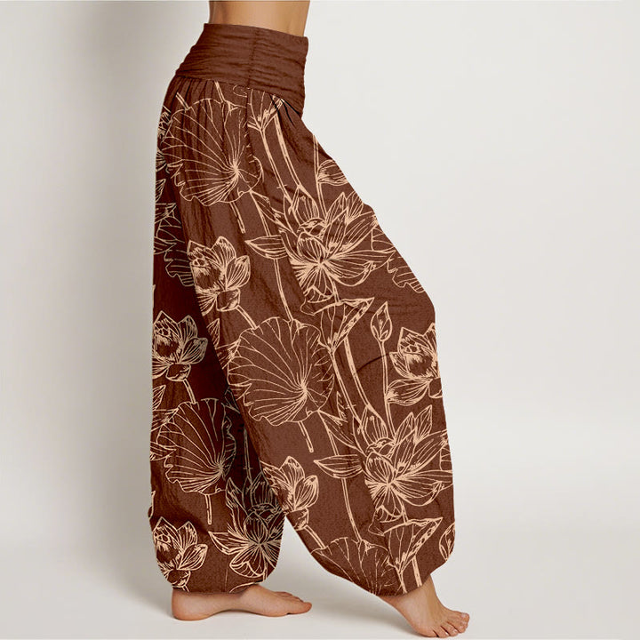 Buddha Stones コットン素材のエレガントで洗練された蓮の花の葉柄レディース伸縮性ウエストハーレムパンツ - image 6