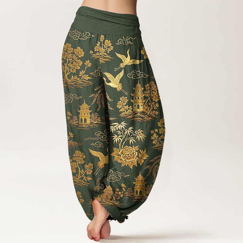 Buddha Stones コットンゴージャスなツリークレーンアーキテクチャクラウド牡丹柄レディース伸縮性ウエストハーレムパンツ - image 6