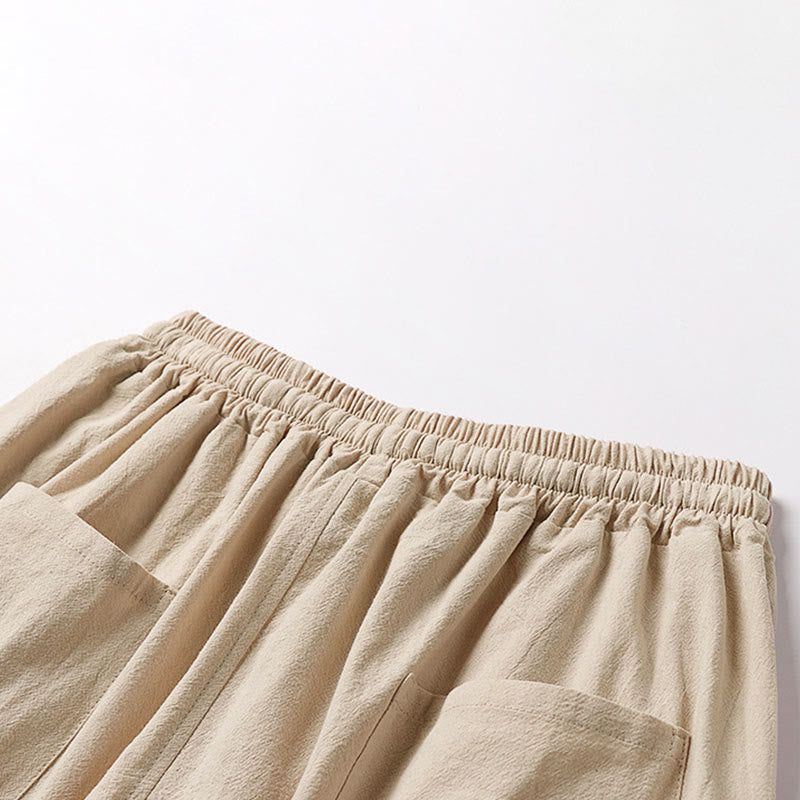 Buddha Stones プレーンなドローストリングデザイン メンズ カプリ クロップド丈 コットンリネン ワイドレッグパンツ ポケット付き - image 6