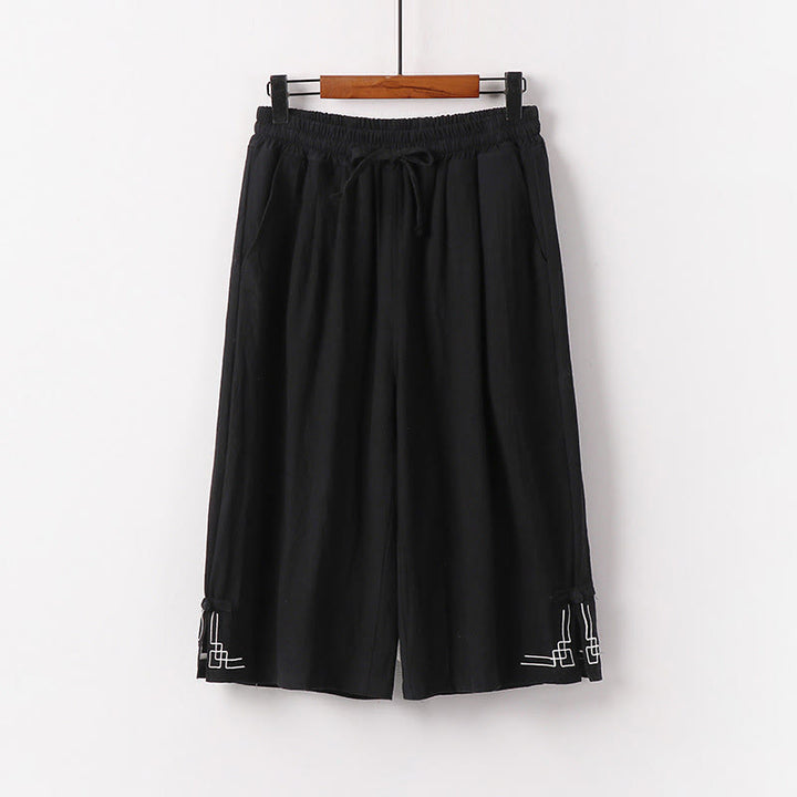 Buddha Stones プレーンなドローストリングデザイン メンズ カプリ クロップド丈 コットンリネン ワイドレッグパンツ ポケット付き - 黒 - US/UK/AU54、 EU64 (9XL) - image 1