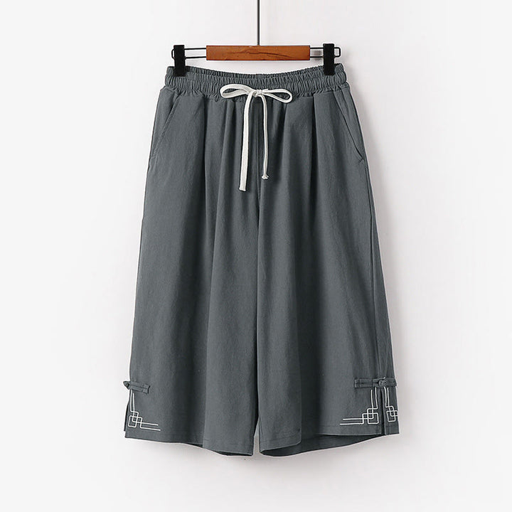 Buddha Stones プレーンなドローストリングデザイン メンズ カプリ クロップド丈 コットンリネン ワイドレッグパンツ ポケット付き - グレー - US/UK/AU54、 EU64 (9XL) - image 0