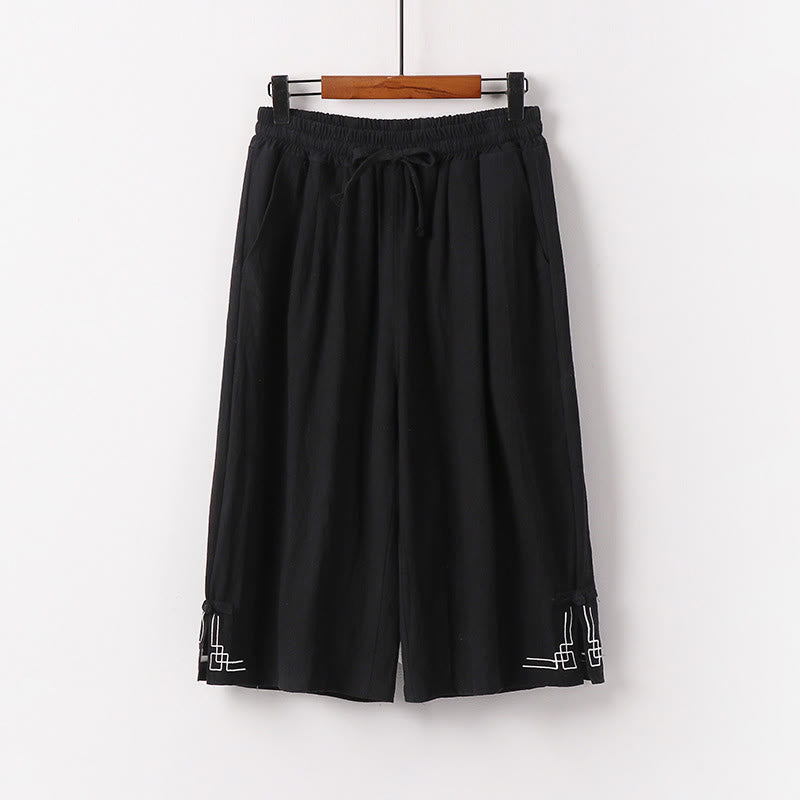 Buddha Stones プレーンなドローストリングデザイン メンズ カプリ クロップド丈 コットンリネン ワイドレッグパンツ ポケット付き - 黒 - US/UK/AU54、 EU64 (9XL) - image 1