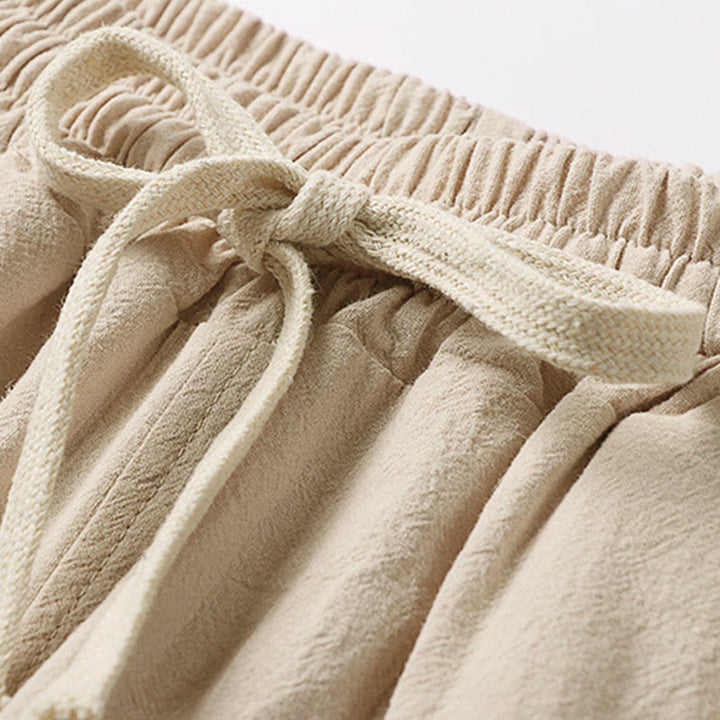 Buddha Stones プレーンなドローストリングデザイン メンズ カプリ クロップド丈 コットンリネン ワイドレッグパンツ ポケット付き - image 4