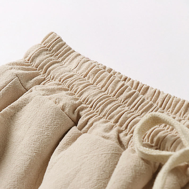 Buddha Stones プレーンなドローストリングデザイン メンズ カプリ クロップド丈 コットンリネン ワイドレッグパンツ ポケット付き - image 3