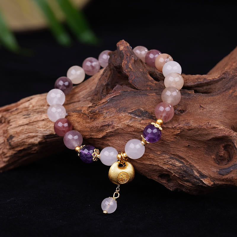 Buddha Stones ゴールデンシルク翡翠フーキャラクターウサギの魔除けブレスレット - 金糸翡翠フー文字（手首周り：14～15cm） - image 0