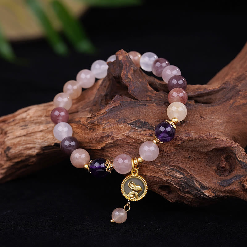 Buddha Stones ゴールデンシルク翡翠フーキャラクターウサギの魔除けブレスレット - 金糸翡翠うさぎ（手首周り：14～15cm） - image 1