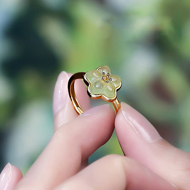 Buddha Stones 梅の花模様の和田翡翠銅製幸運リング - image 4