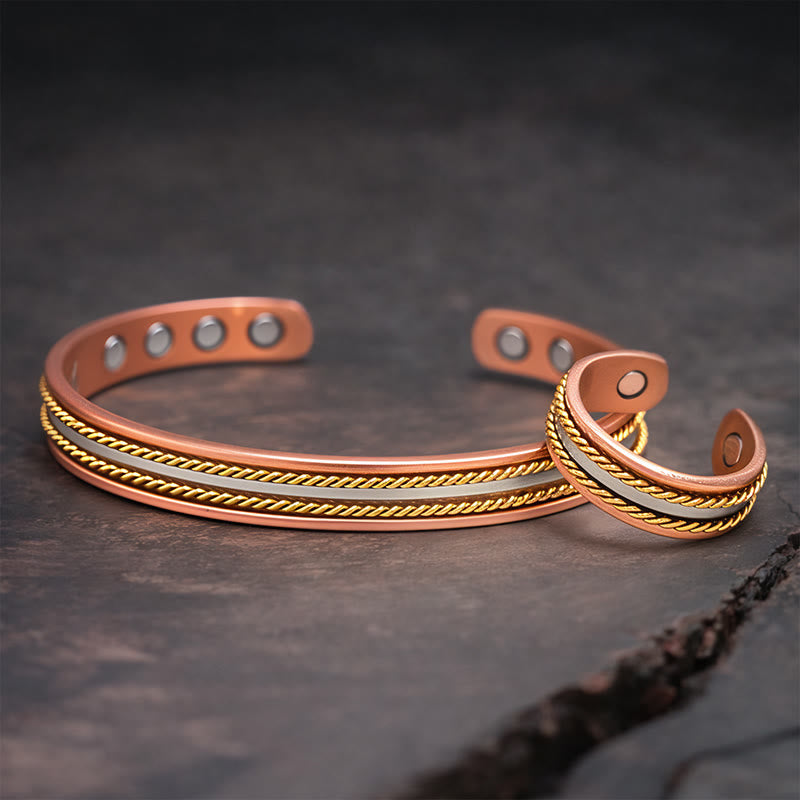 Buddha Stones レトロなツイストデザインの銅製オープンウェルスラッキーカフブレスレットバングルリング - ブレスレット1個とリング1個 - image 1