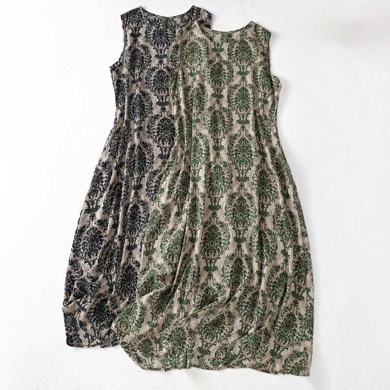 Buddha Stones 通勤用夏プリントシンプルデザインクルーネックノースリーブマキシワンピース - image 0