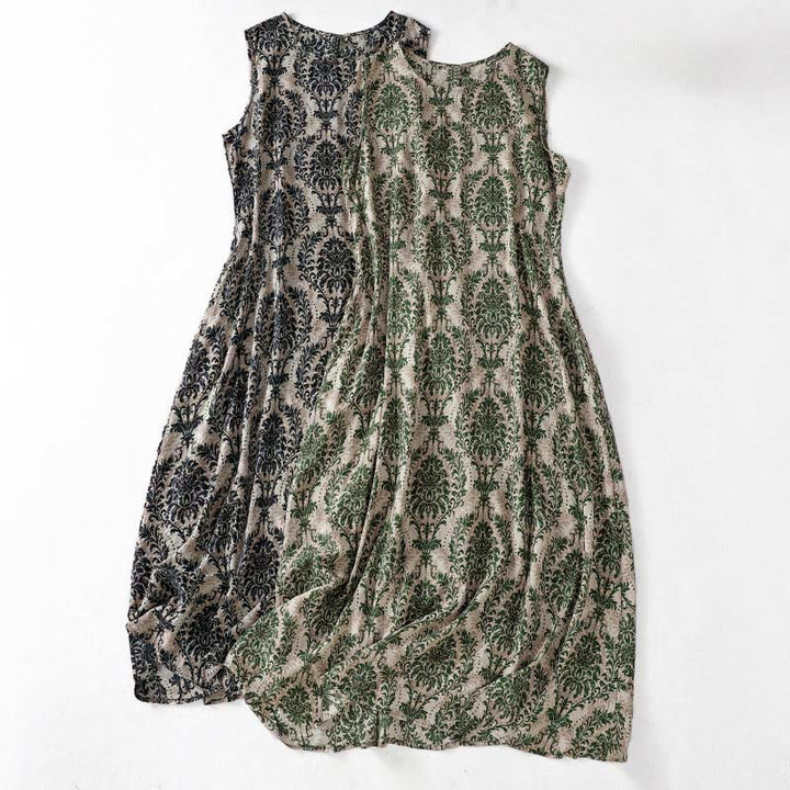 Buddha Stones 通勤用夏プリントシンプルデザインクルーネックノースリーブマキシワンピース - image 0