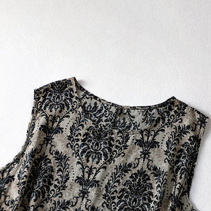 Buddha Stones 通勤用夏プリントシンプルデザインクルーネックノースリーブマキシワンピース - image 13