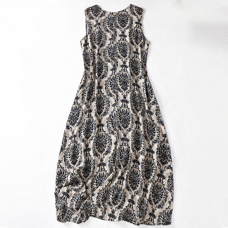 Buddha Stones 通勤用夏プリントシンプルデザインクルーネックノースリーブマキシワンピース - image 11