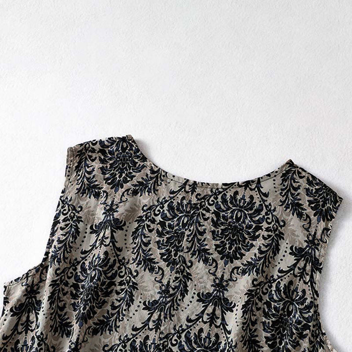 Buddha Stones 通勤用夏プリントシンプルデザインクルーネックノースリーブマキシワンピース - image 14