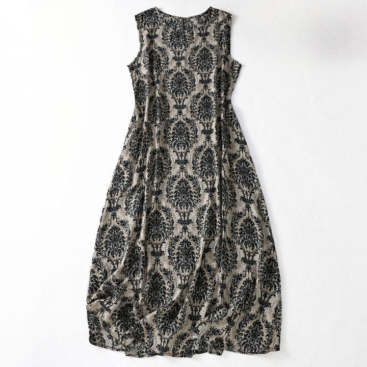 Buddha Stones 通勤用夏プリントシンプルデザインクルーネックノースリーブマキシワンピース - 黒 - US14、 UK/AU18、 EU46 (2XL) - image 10