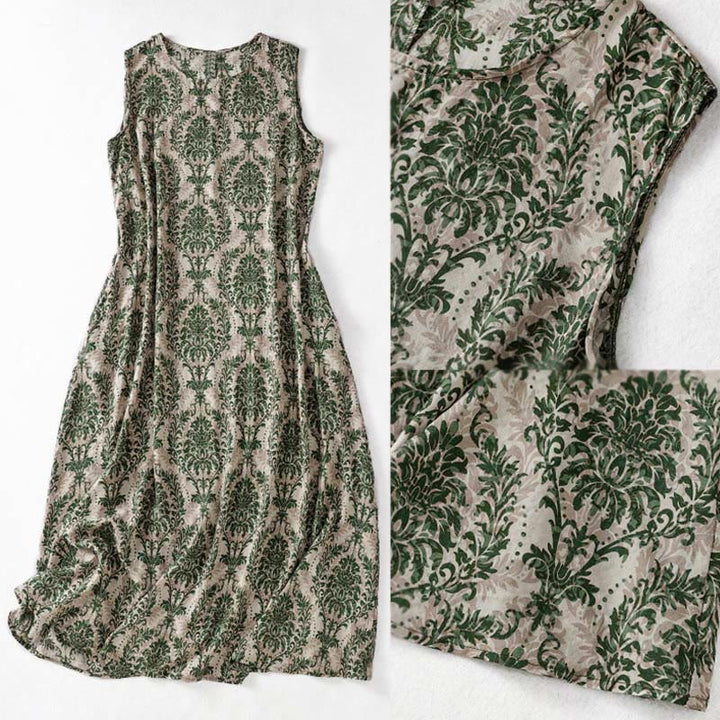 Buddha Stones 通勤用夏プリントシンプルデザインクルーネックノースリーブマキシワンピース - image 3