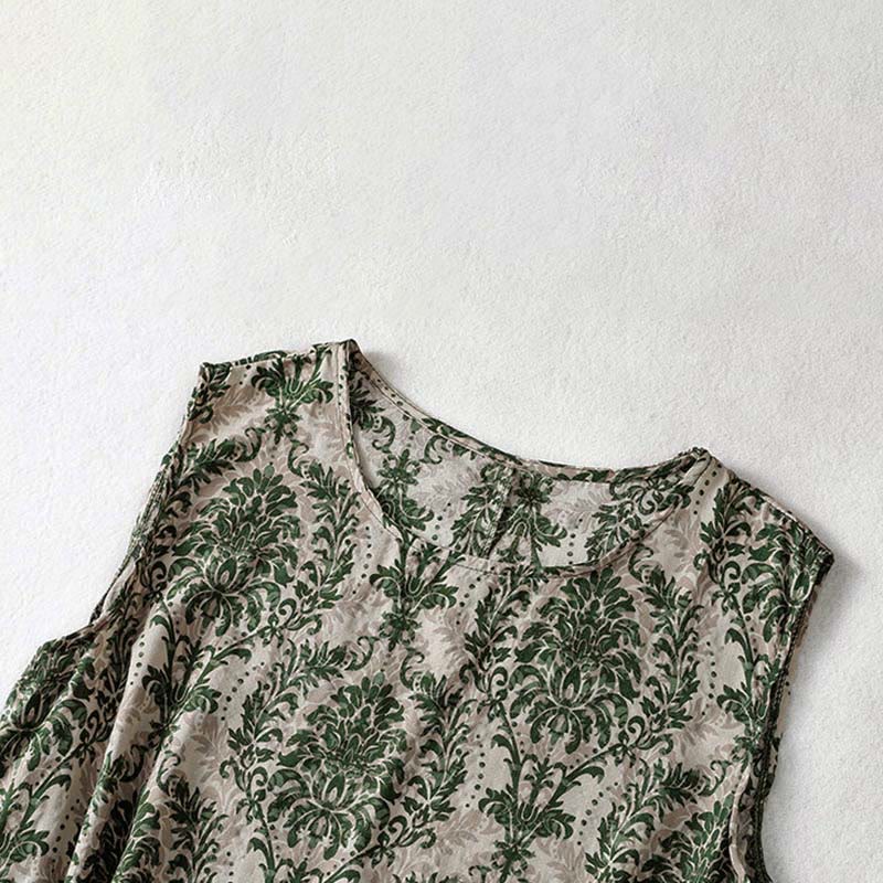 Buddha Stones 通勤用夏プリントシンプルデザインクルーネックノースリーブマキシワンピース - image 4