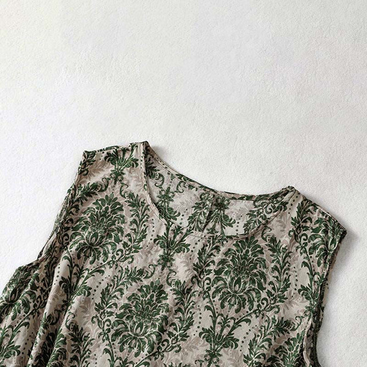 Buddha Stones 通勤用夏プリントシンプルデザインクルーネックノースリーブマキシワンピース - image 4