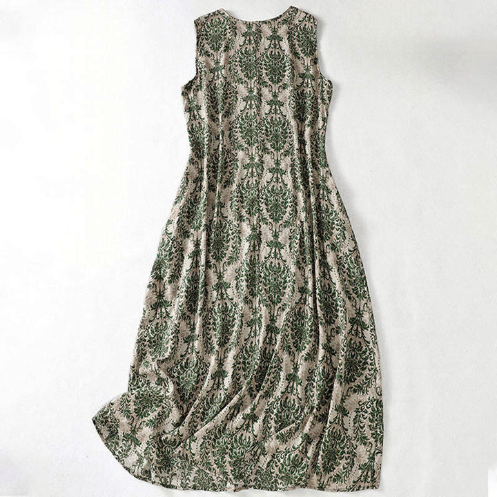 Buddha Stones 通勤用夏プリントシンプルデザインクルーネックノースリーブマキシワンピース - image 2