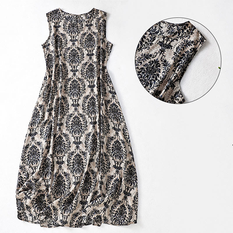 Buddha Stones 通勤用夏プリントシンプルデザインクルーネックノースリーブマキシワンピース - image 12