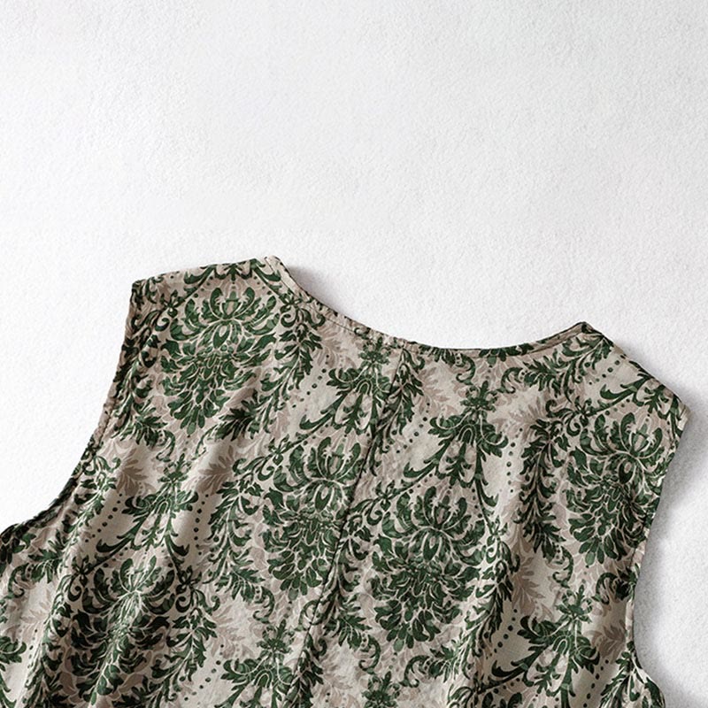 Buddha Stones 通勤用夏プリントシンプルデザインクルーネックノースリーブマキシワンピース - image 5