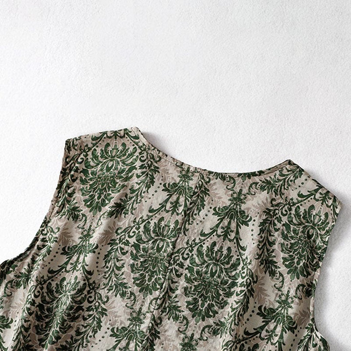 Buddha Stones 通勤用夏プリントシンプルデザインクルーネックノースリーブマキシワンピース - image 5