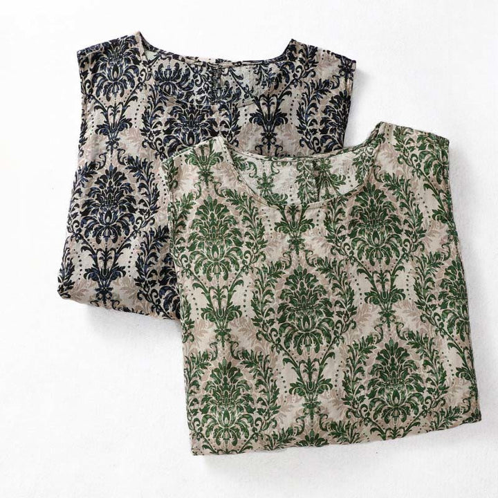 Buddha Stones 通勤用夏プリントシンプルデザインクルーネックノースリーブマキシワンピース - image 17