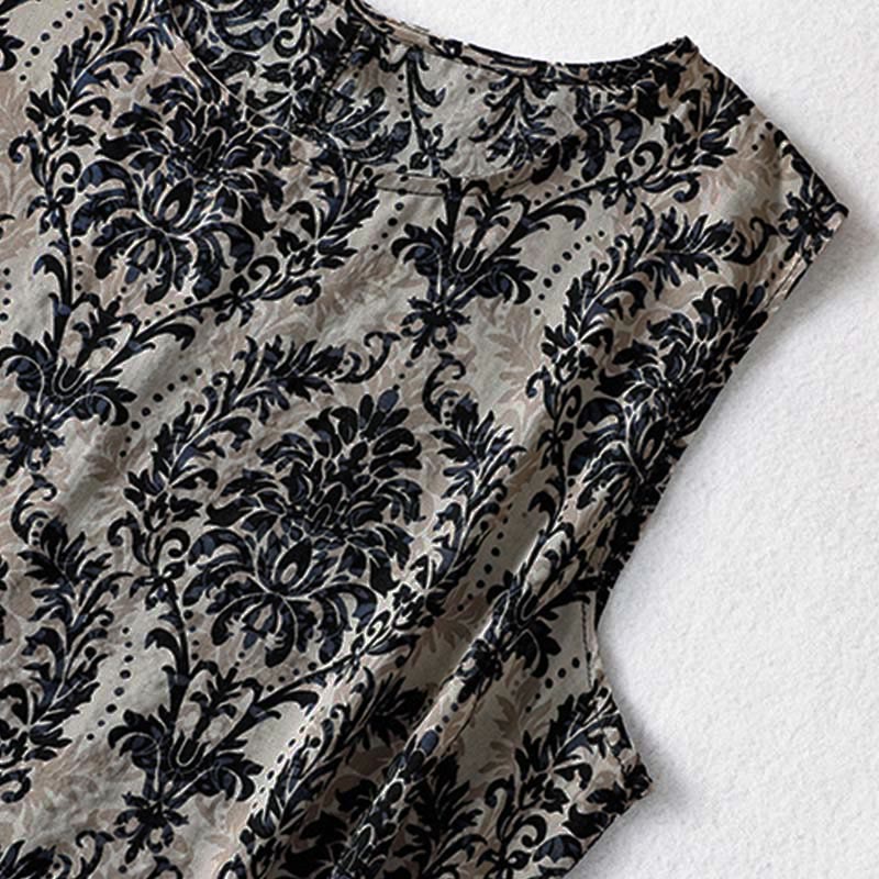 Buddha Stones 通勤用夏プリントシンプルデザインクルーネックノースリーブマキシワンピース - image 15