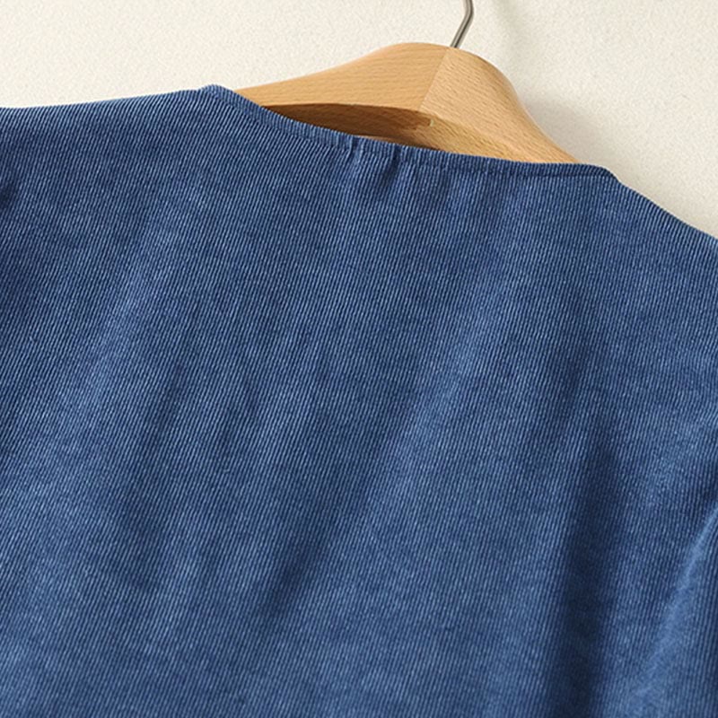 Buddha Stones 春のレトロなダークブルーの無地ノースリーブミディドレス（ポケット付き） - image 3