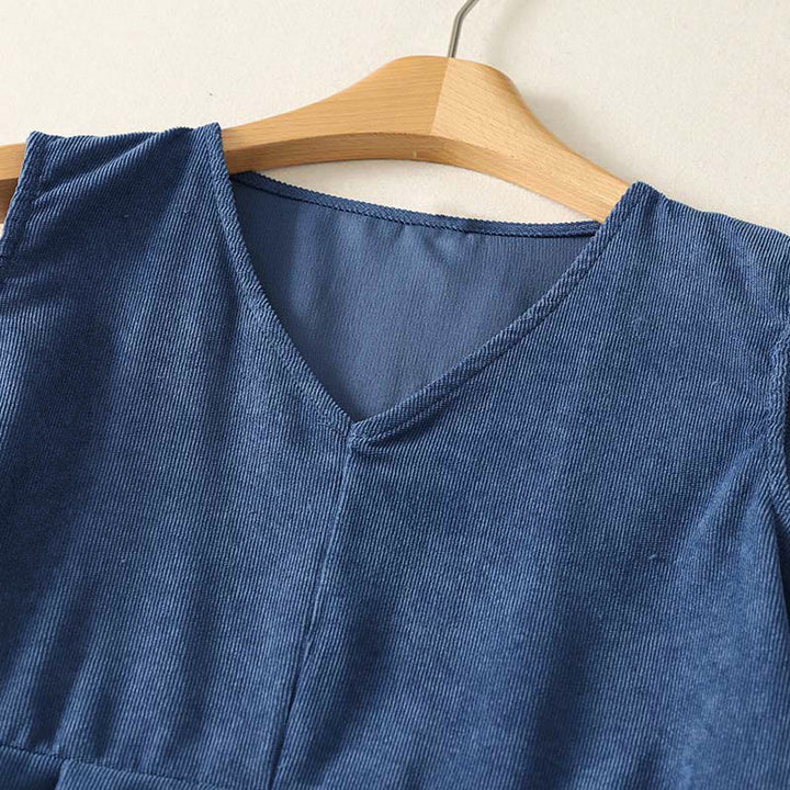 Buddha Stones 春のレトロなダークブルーの無地ノースリーブミディドレス（ポケット付き） - image 2